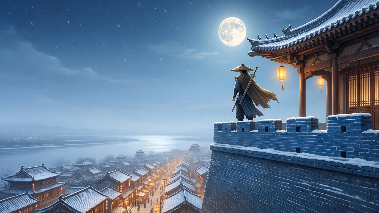 雪夜的江陵城头,斗笠剑客俯瞰城中灯火
