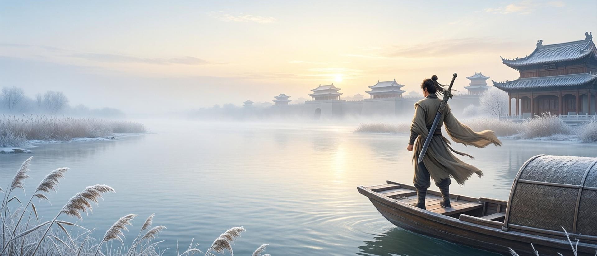 霜降清晨的寒江渡,主角背着长剑立在渡船船头,远处是江陵城墙